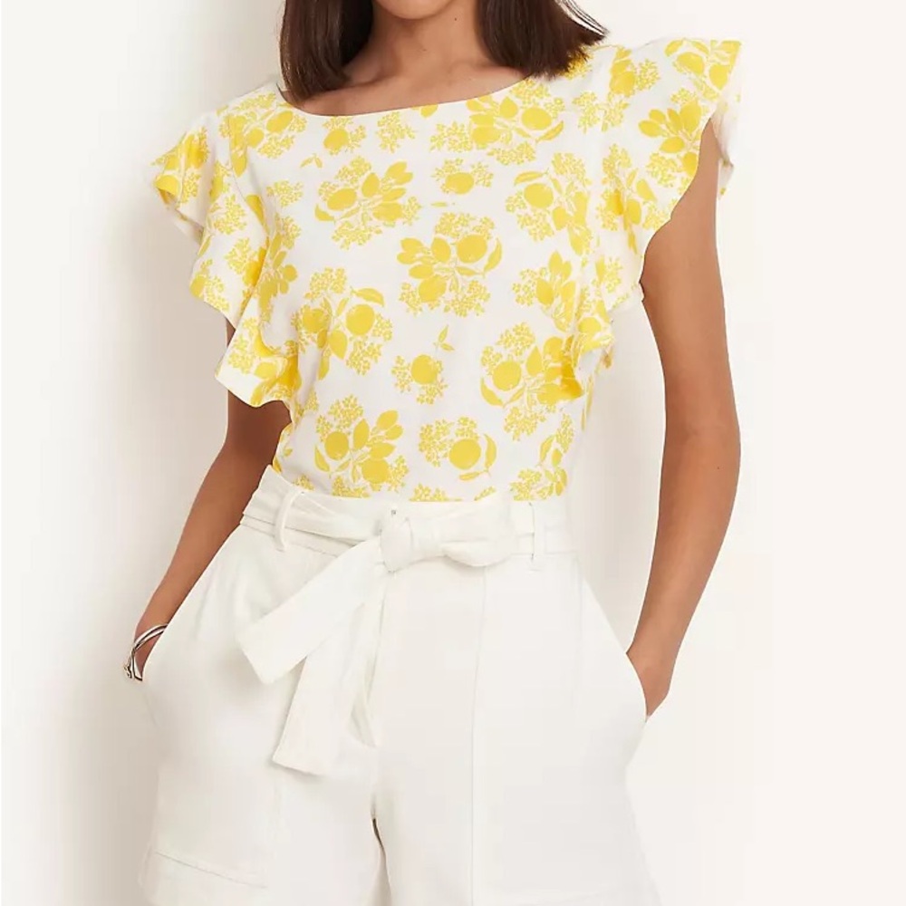 Ann Taylor Citrus Blossom Ruffle Sleeve Shell Floral Yellow Womens‎ Top Size L